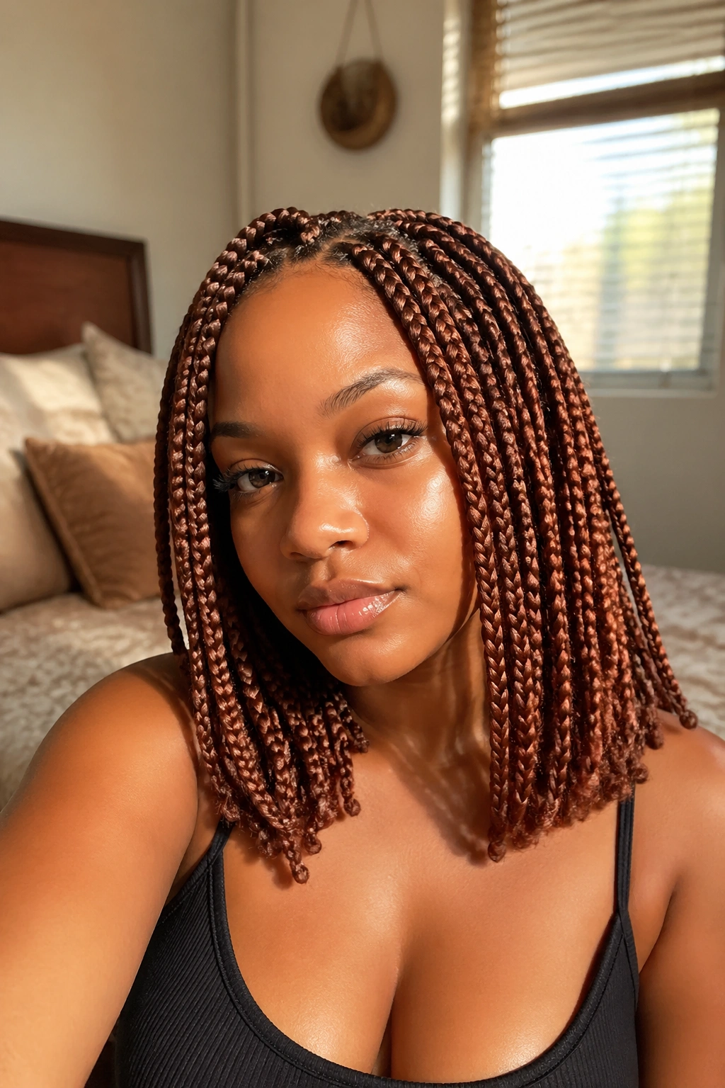Close-up of a real woman with cinnamon and auburn shoulder-length box braids