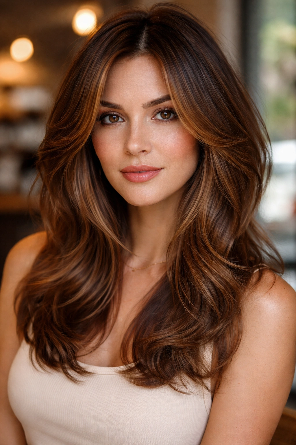 Close-up of a real woman with cinnamon balayage face-framing layers in warm light