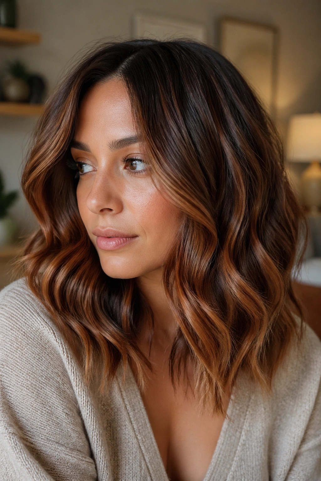 Close-up of a woman with cinnamon balayage waves on shoulder-length hair