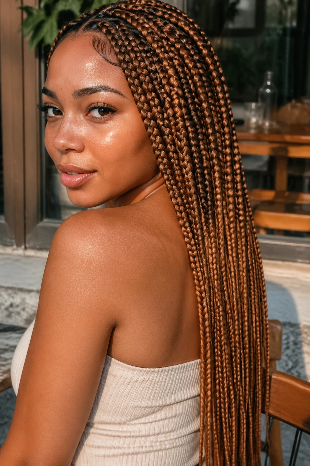 Real woman with cinnamon-toned box braids mid-back length in outdoor setting