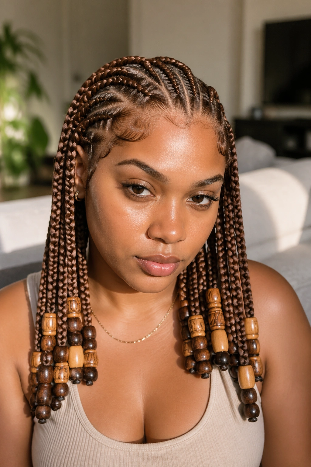 Close-up of a real woman with cinnamon brown cornrows beads in natural light