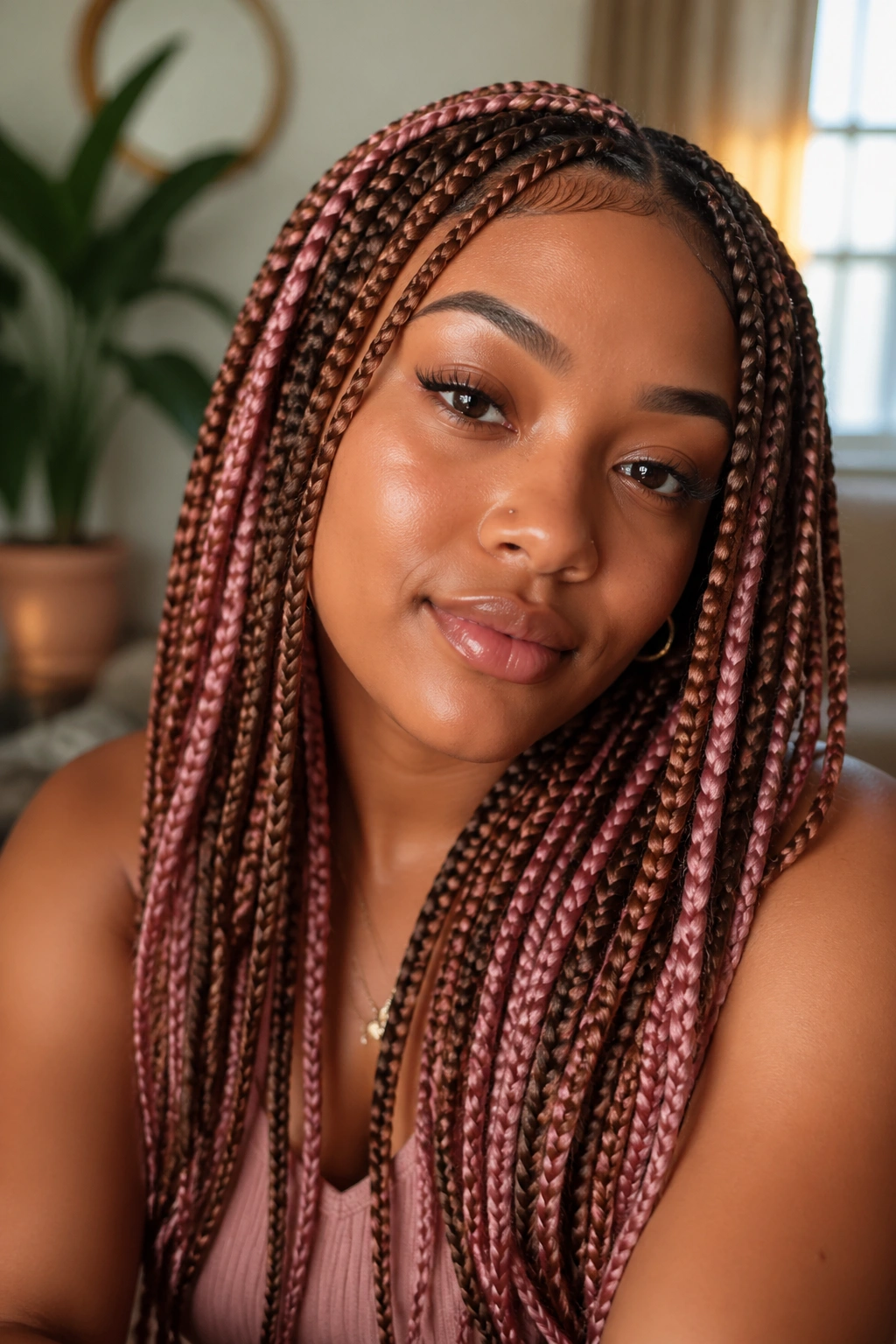 Close-up portrait of a real woman with cinnamon brown and dusty rose box braids in warm indoor light