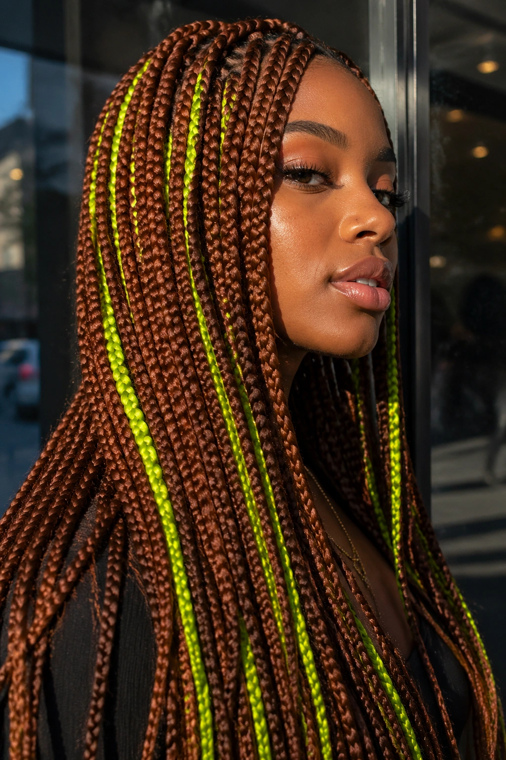 Real person wearing cinnamon brown braids with neon green streaks