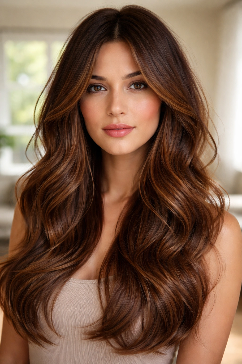 Close-up of cinnamon brunette hair with rooty dimension framing a real woman’s face