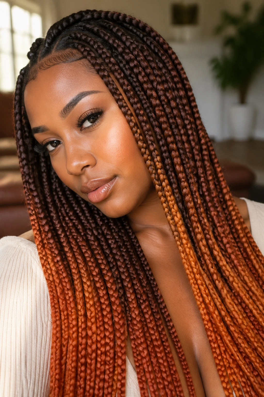 Close-up of a real woman with cinnamon to brown to orange ombre box braids in warm window light