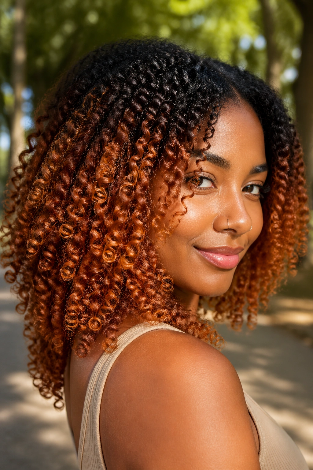 Close-up of a Black woman's curls with natural-to-cinnamon ombre in sunlight