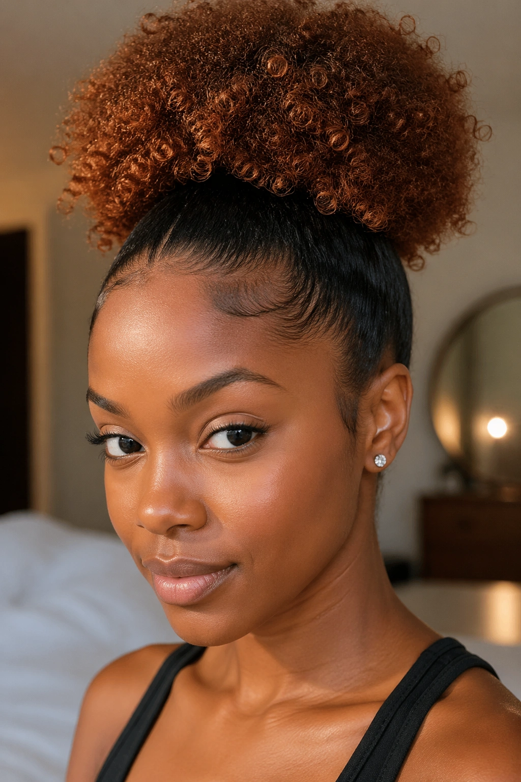 Close-up of a real Black woman with a cinnamon ombre puff ponytail in warm bedroom light