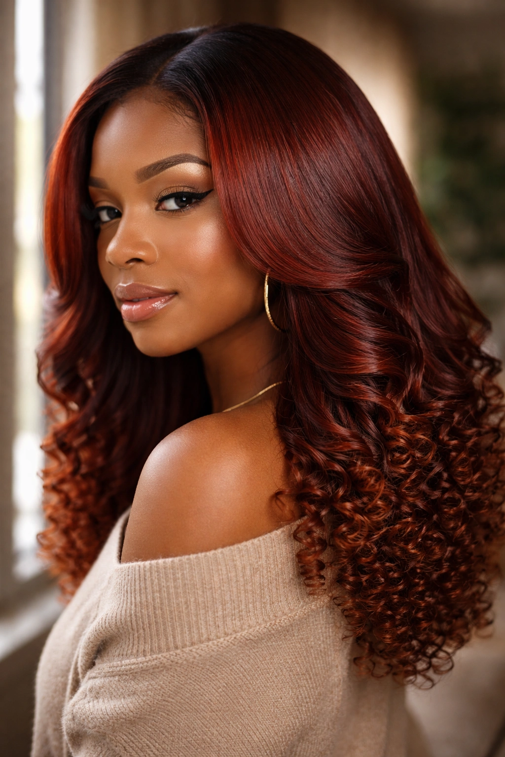Close-up of a real woman with cinnamon red silk-pressed hair and natural coil ends