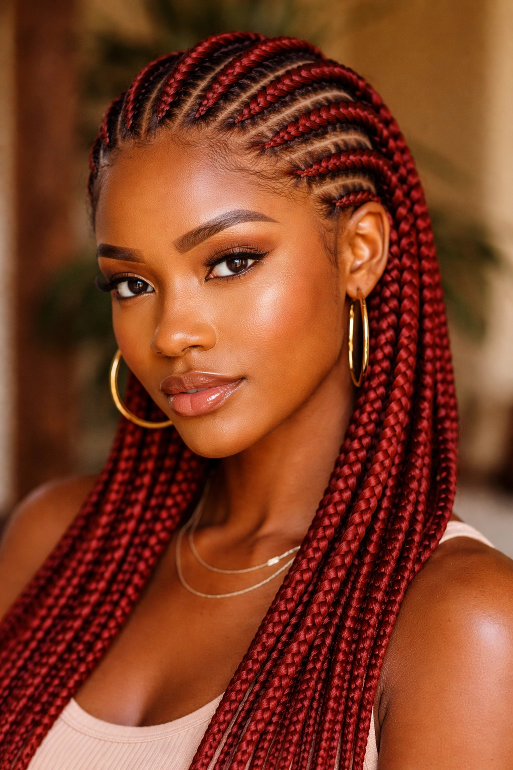 Close-up portrait of cinnamon red stitch cornrows on a real person