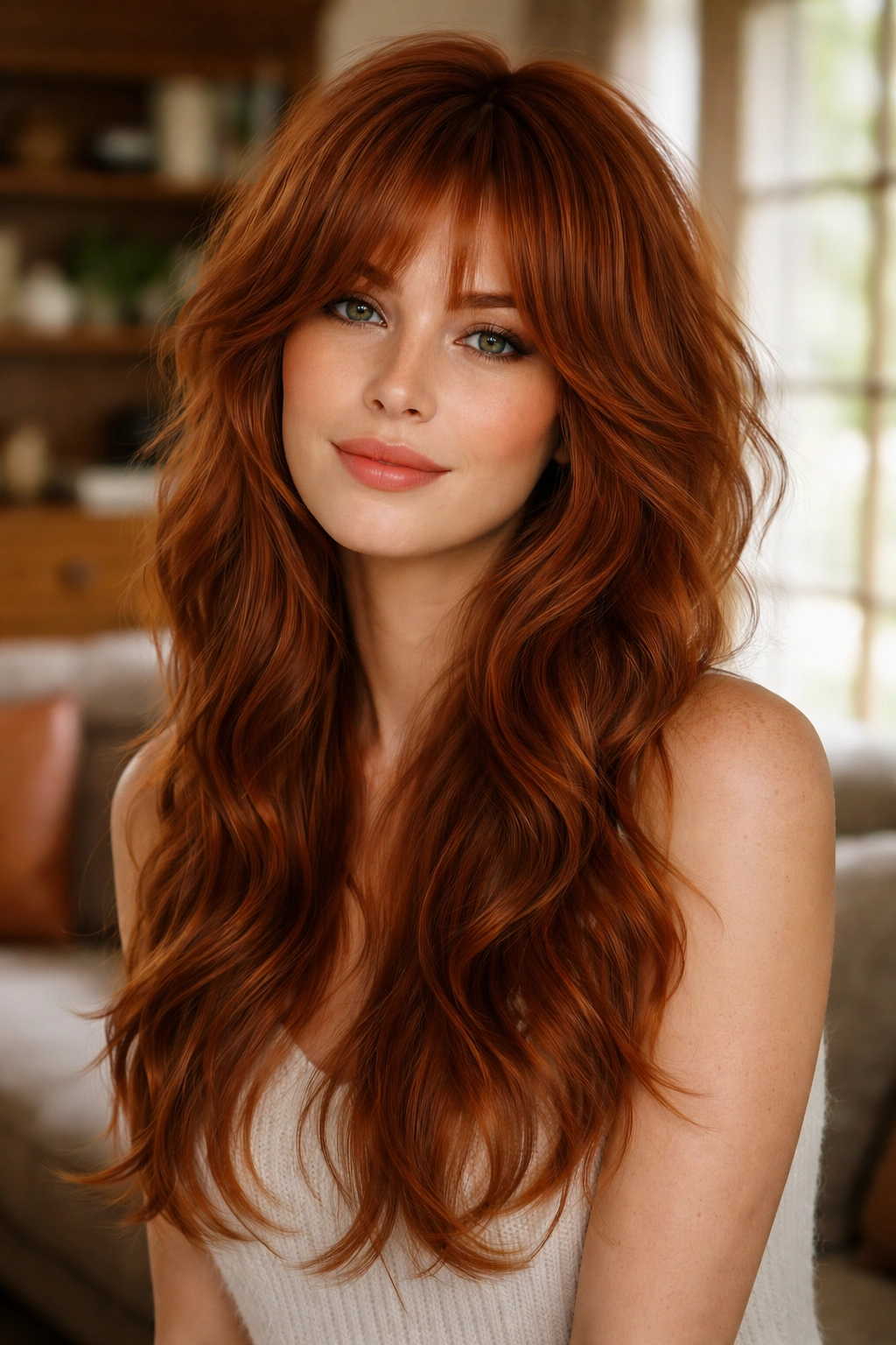 Close-up portrait of a real woman with cinnamon shag layers and textured waves.