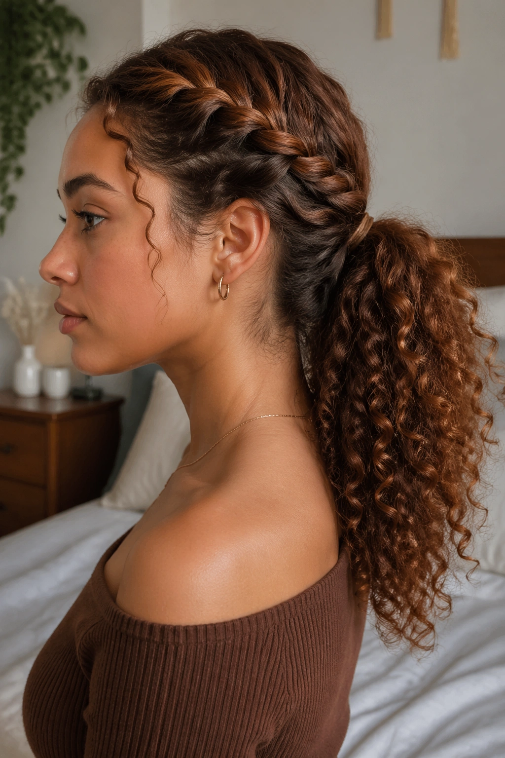 Profile of a real woman with cinnamon twist-back ponytail and visible front twists.