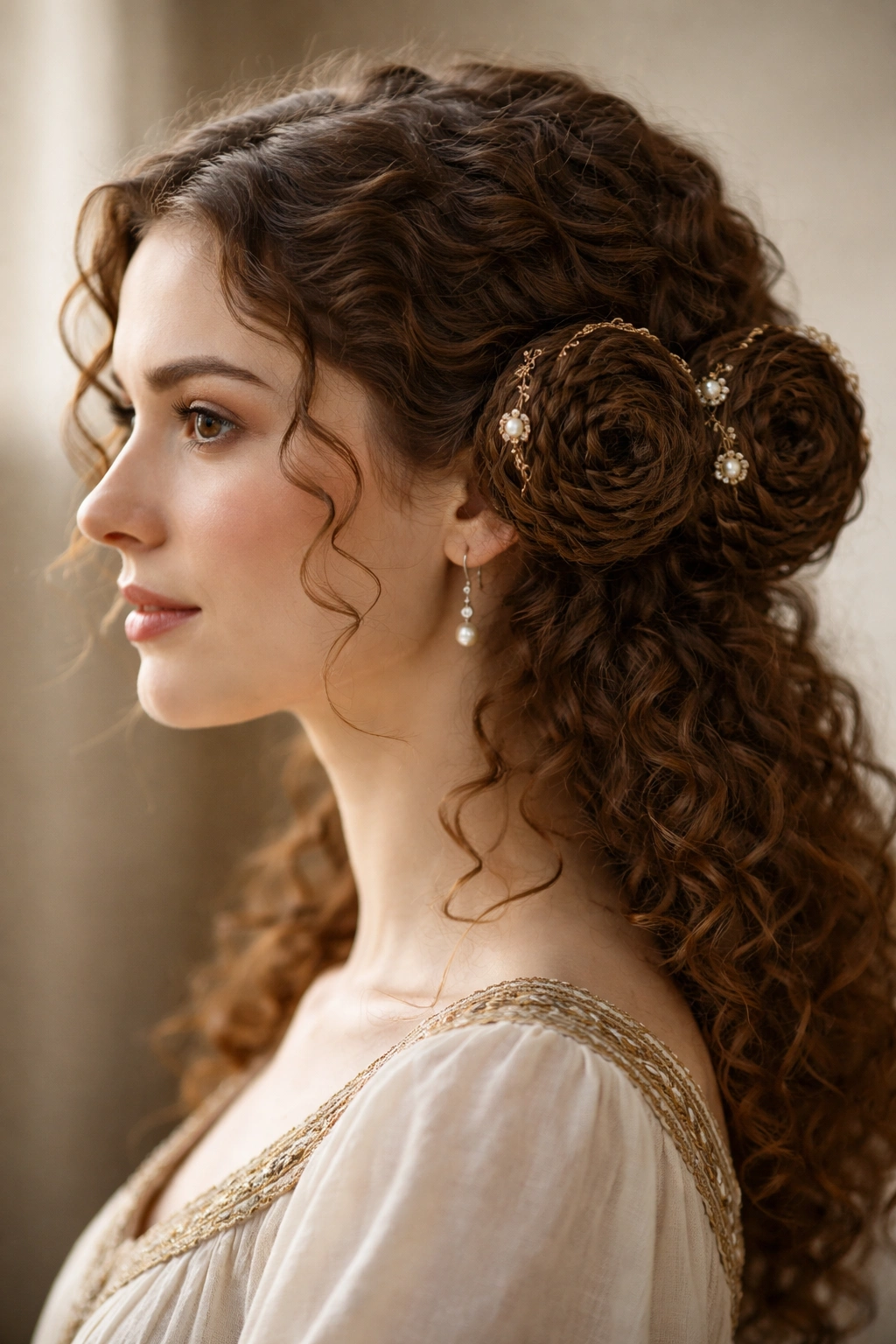 Curly hair coiled into circular buns at the side of the head