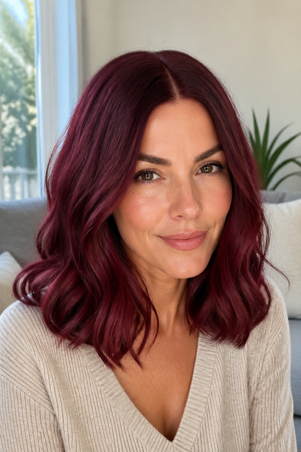 Close-up portrait of a real woman with claret waves and a clean center part on shoulder-length hair