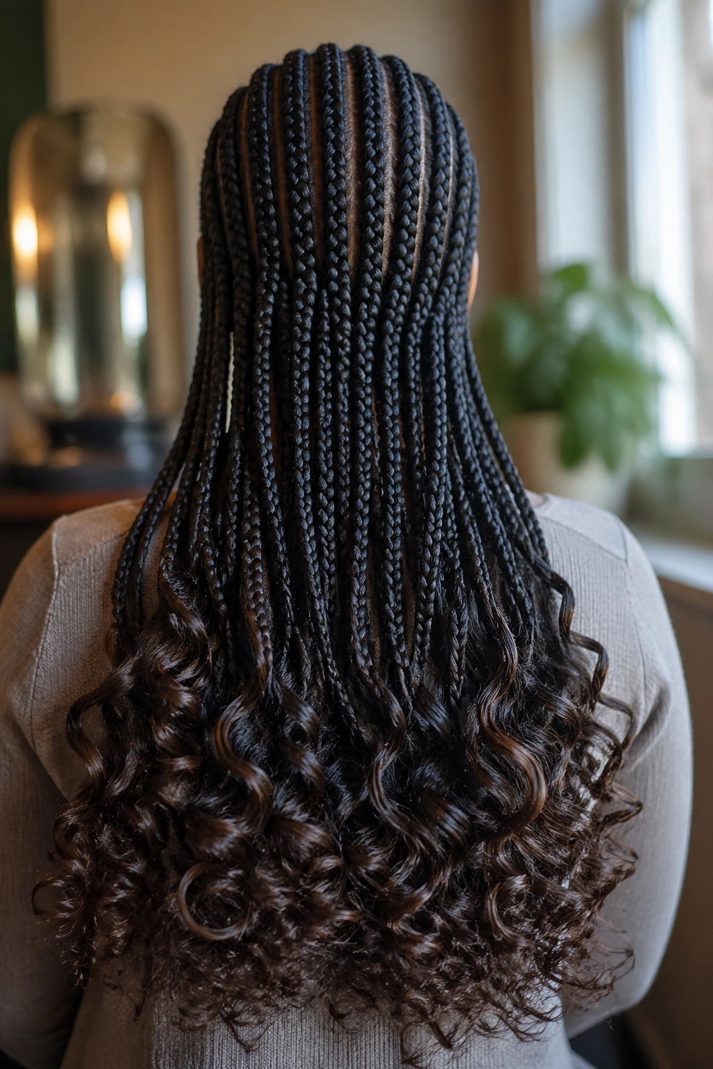 Back-of-head view of all-back cornrows with loose spiral curls