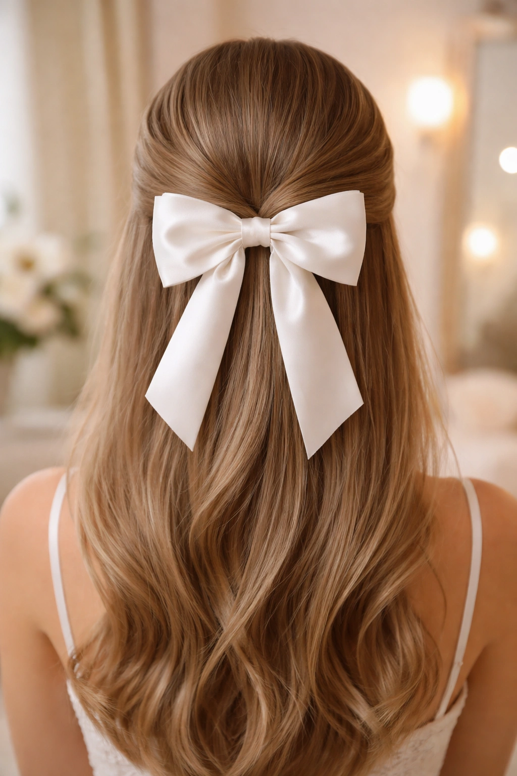 Close-up of a white silk bow pinned to a half-up bridal hairstyle
