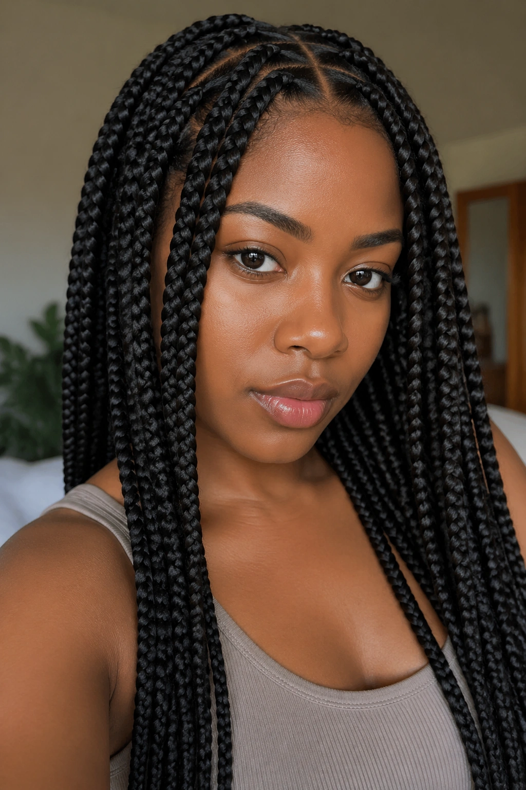 Close-up of a woman with classic box braids filling the frame