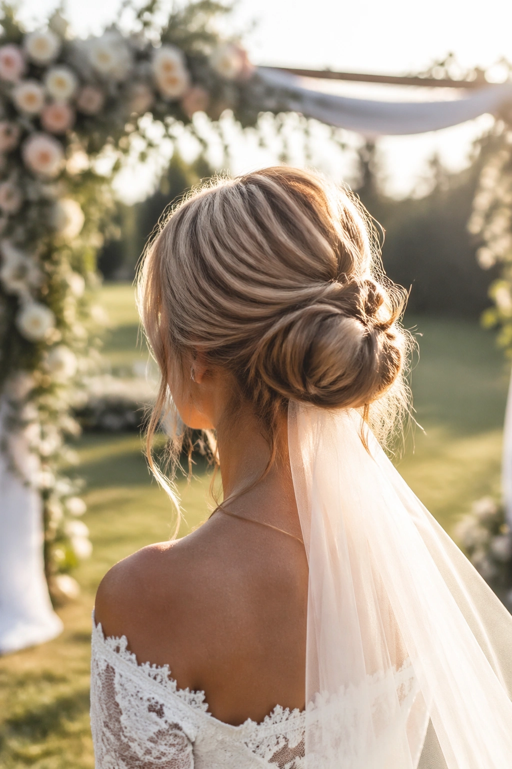Classic bridal bun with loose ends in garden setting
