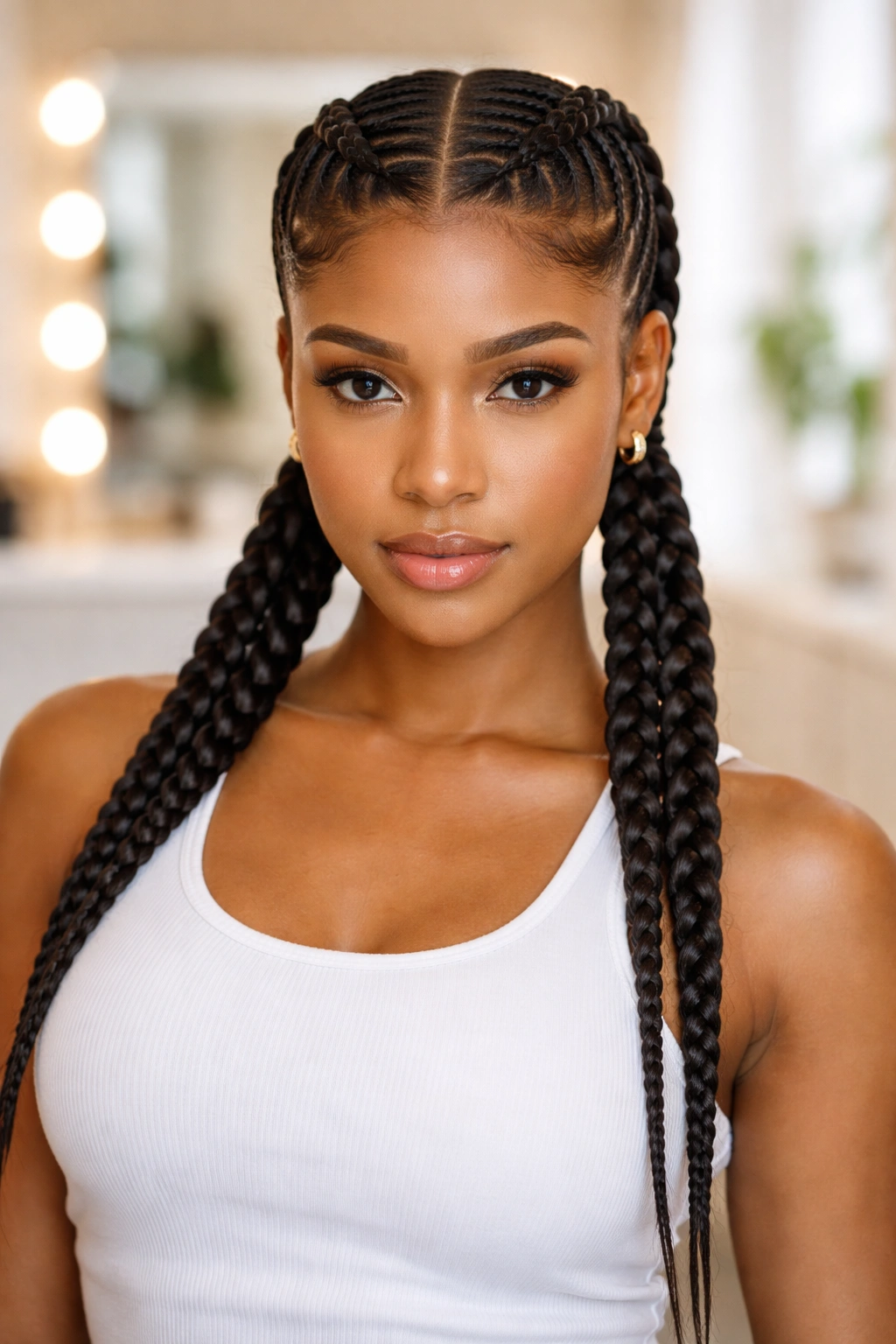 Real person with middle-part straight-back cornrows into two pigtails