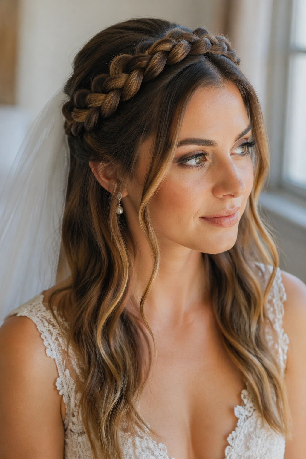 Close-up of a bride's head with a crown braid and soft waves
