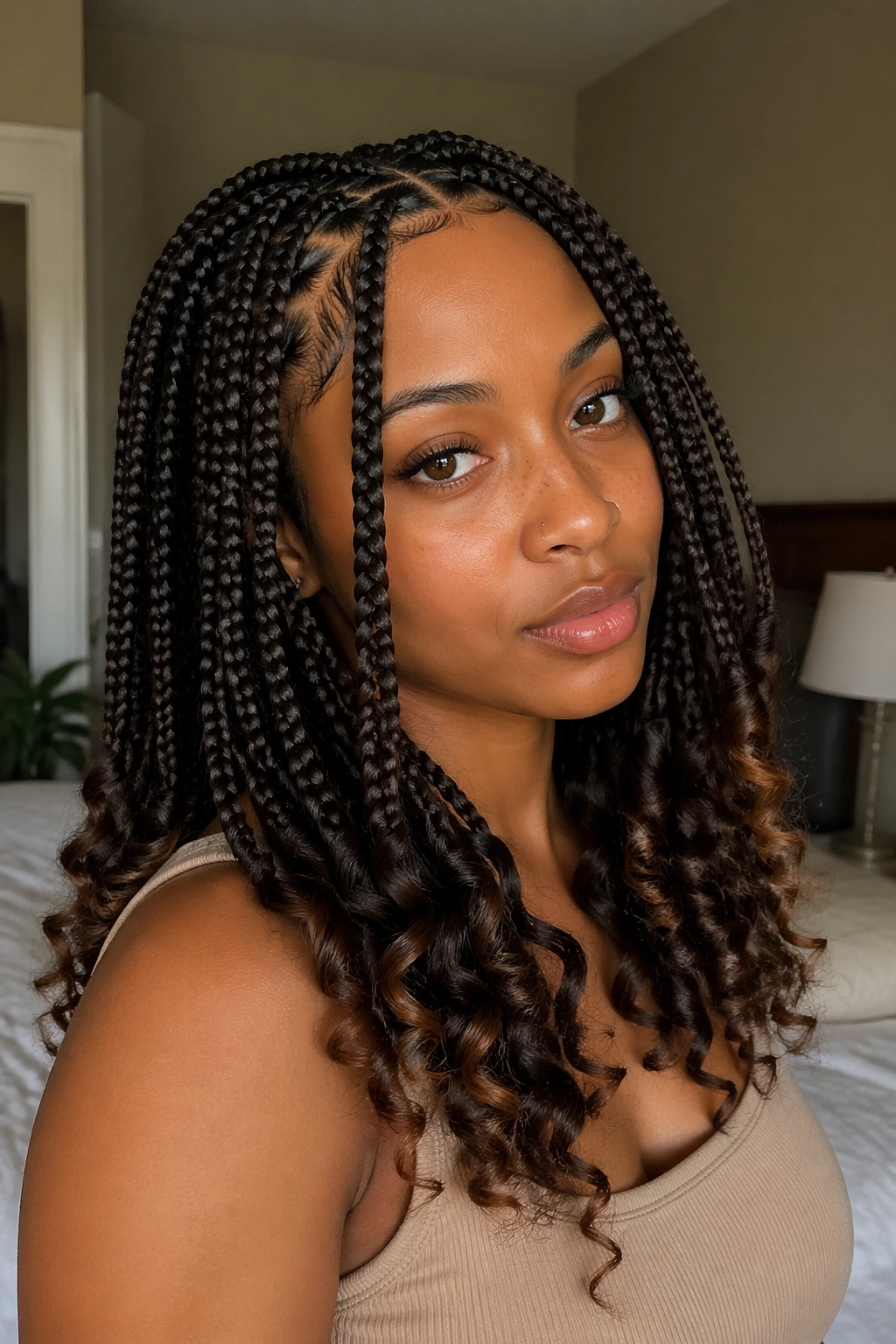 Close-up portrait of a real woman with Classic Curly Ends Box Braids featuring medium-sized braids ending in curls