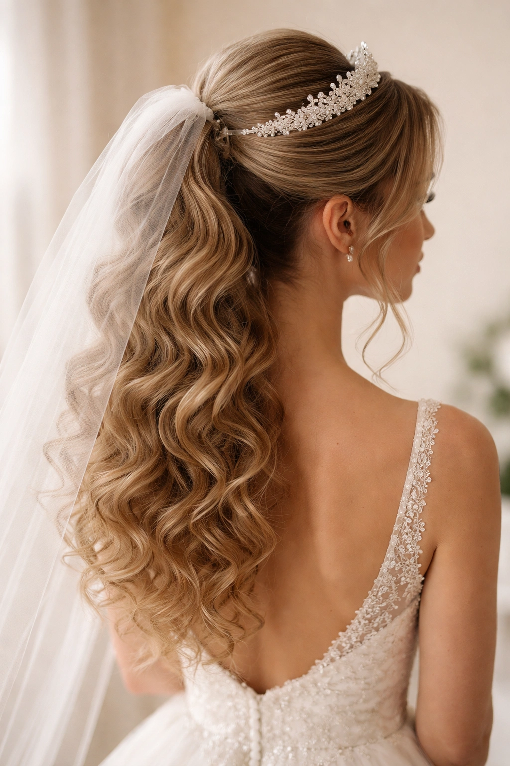 Classic curly ponytail with veil-friendly crown supporting veil