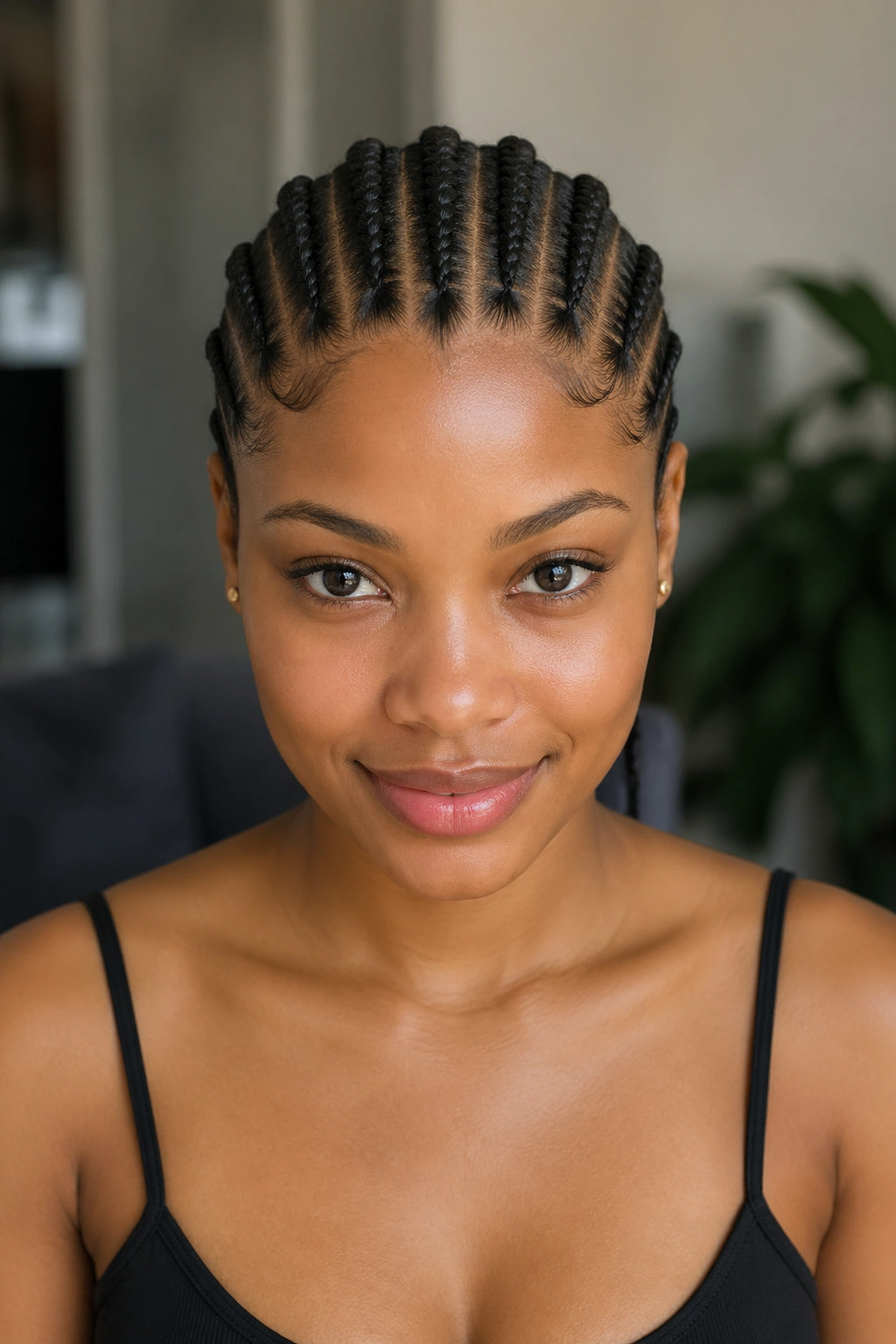 Portrait of a real person with eight straight-back cornrows.