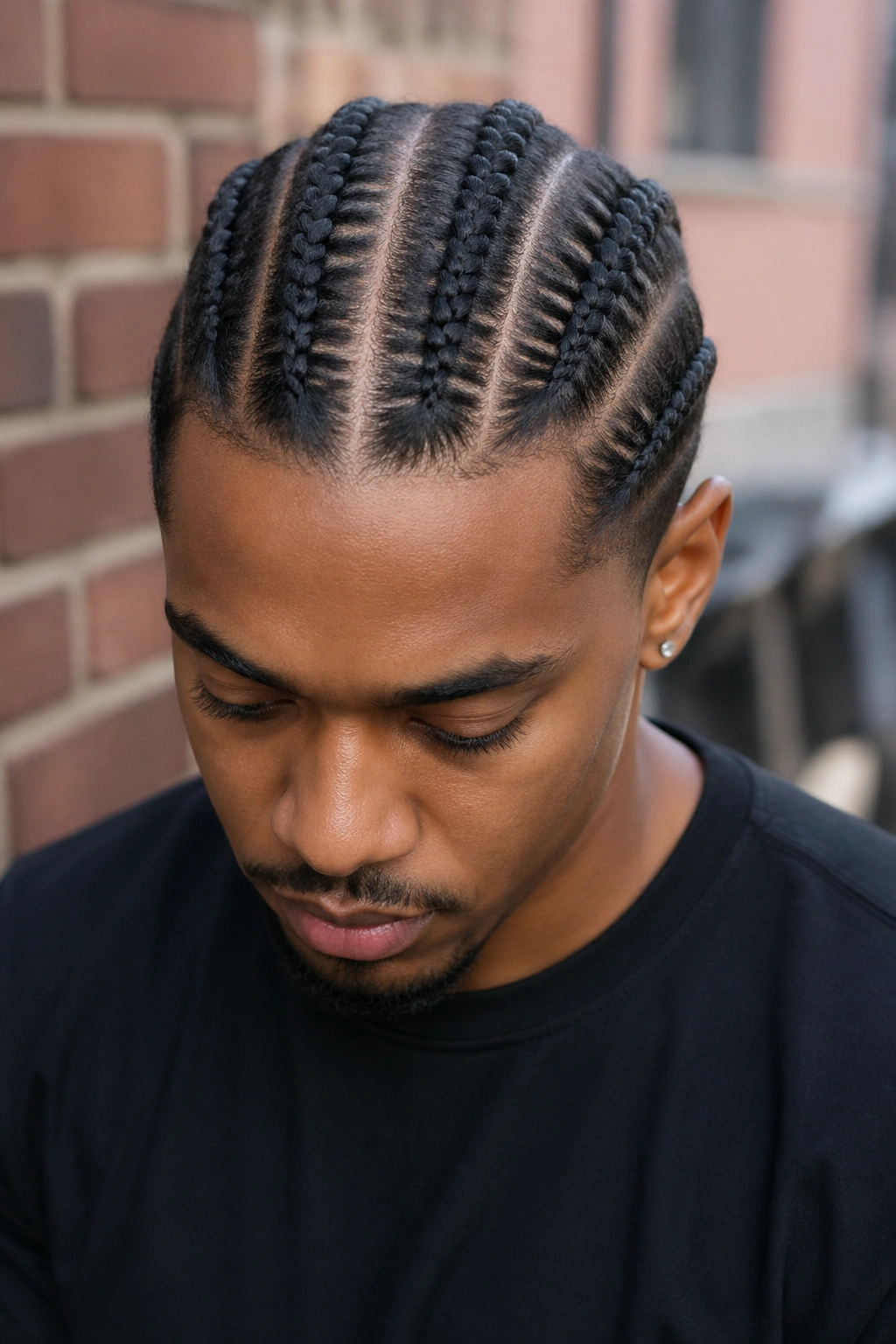 Close-up portrait of a real person with four Marley cornrows