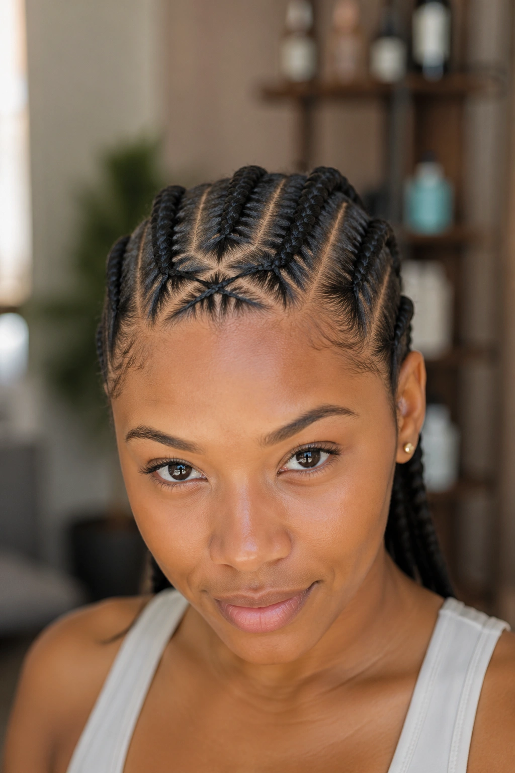 Close-up of real person with classic front criss-cross and four straight-back cornrows.
