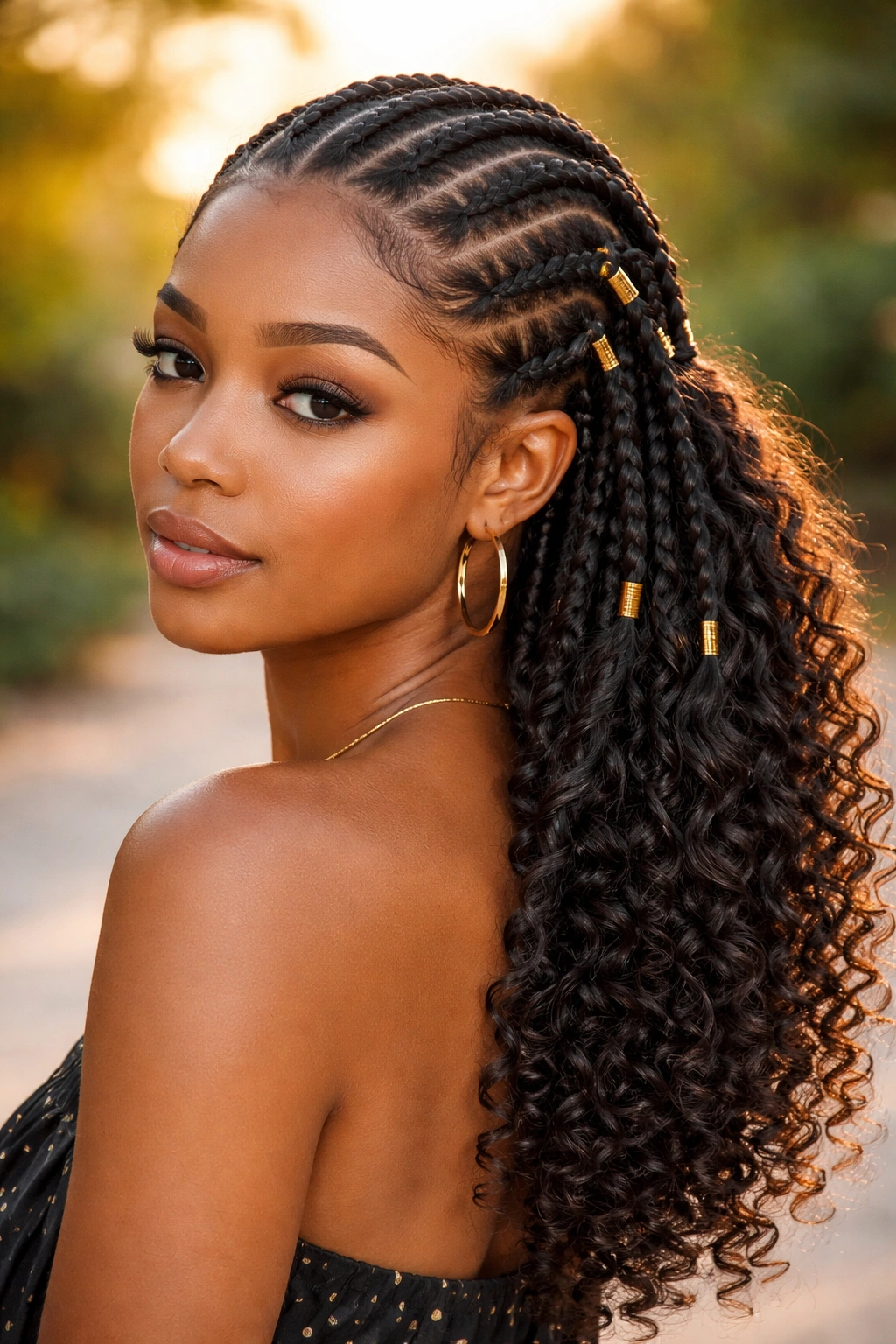 Close-up of a woman with classic Fulani cornrows and curled back section with gold cuffs.