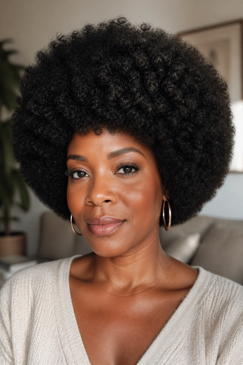Close-up of a real woman with a full rounded afro.