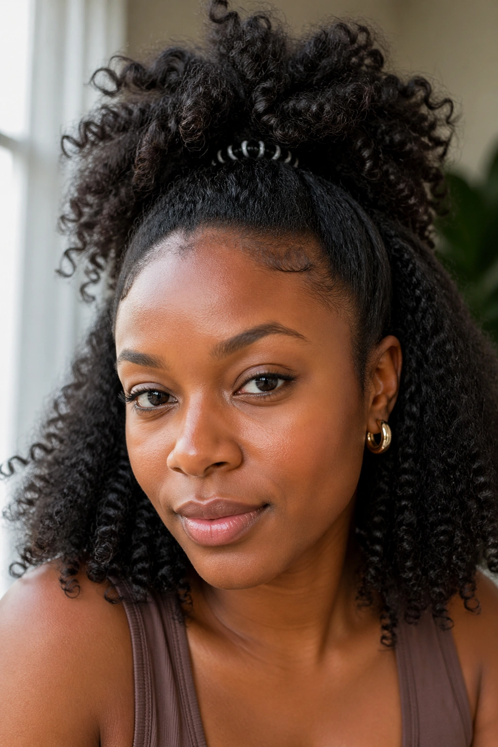 Portrait of a person with a classic half-up puff hairstyle.