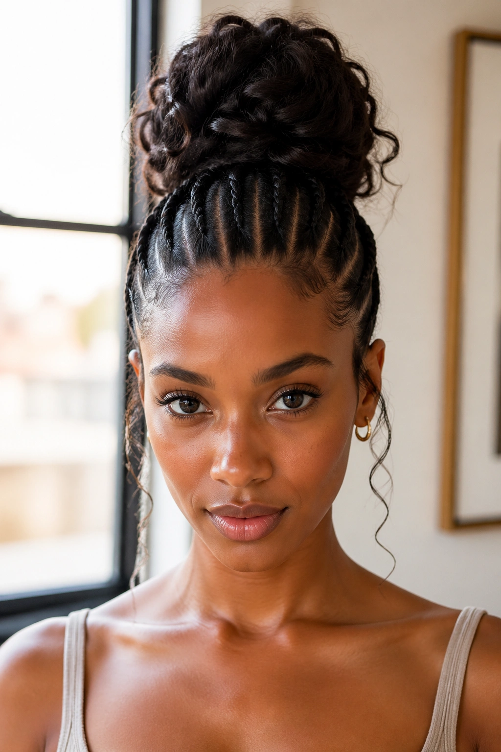 Close-up of a real woman with a high goddess bun created from cornrows