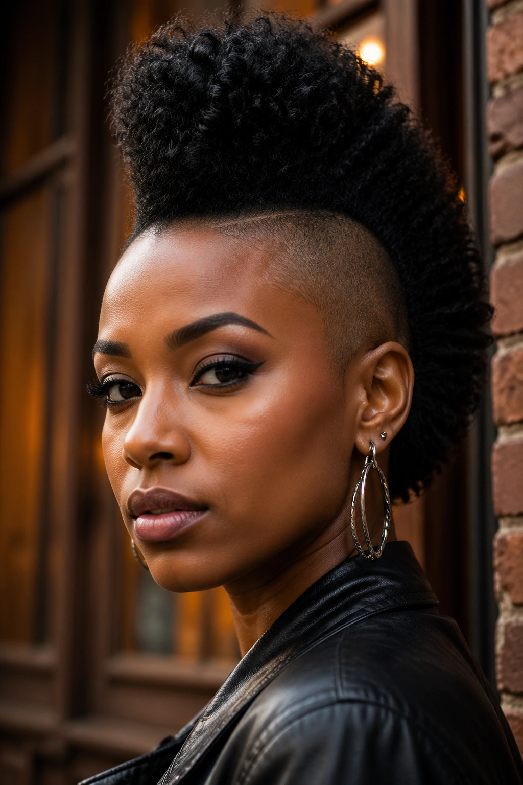 Portrait of a real person with a classic high Mohawk and shaved sides.