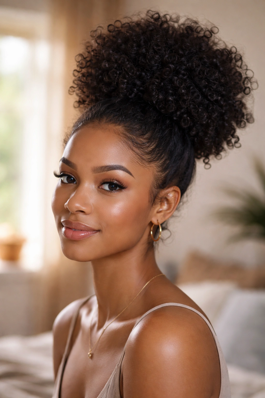 Portrait of a real woman with a classic high puff bun and voluminous curls