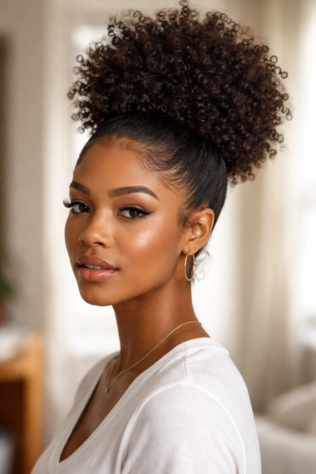 Close-up of a real woman with a classic high puff bun and expanded curls