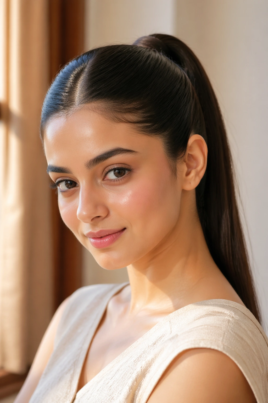 Close-up of a real woman with a Classic Indian High Ponytail with a Center Part at the crown