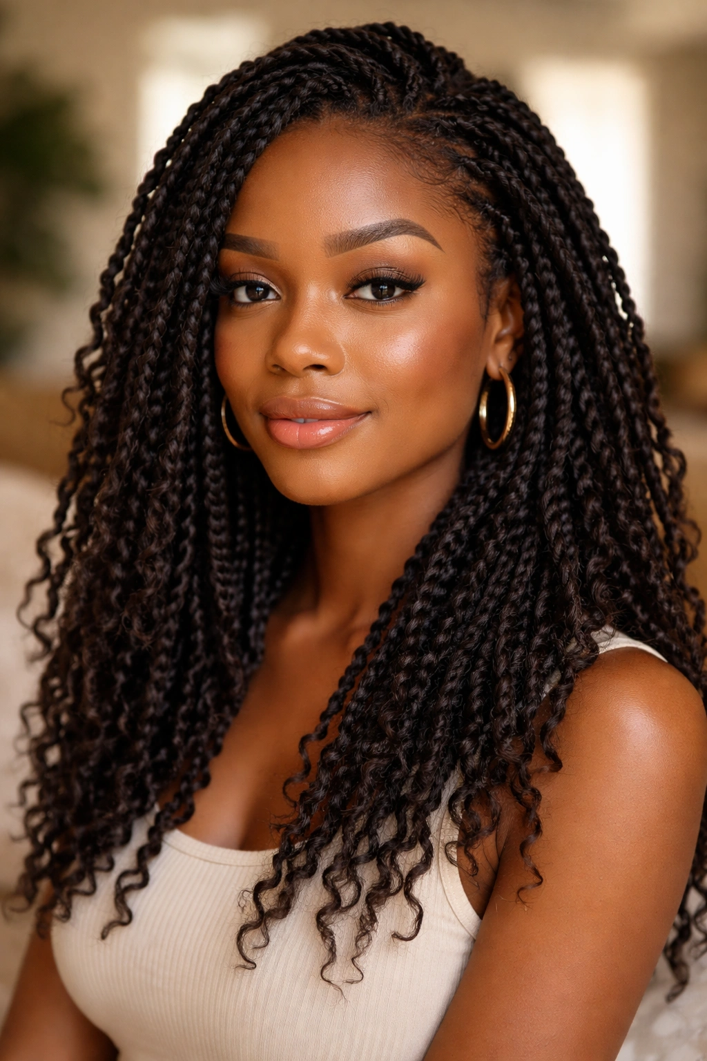 Close-up of a real person wearing classic kinky twists worn down.