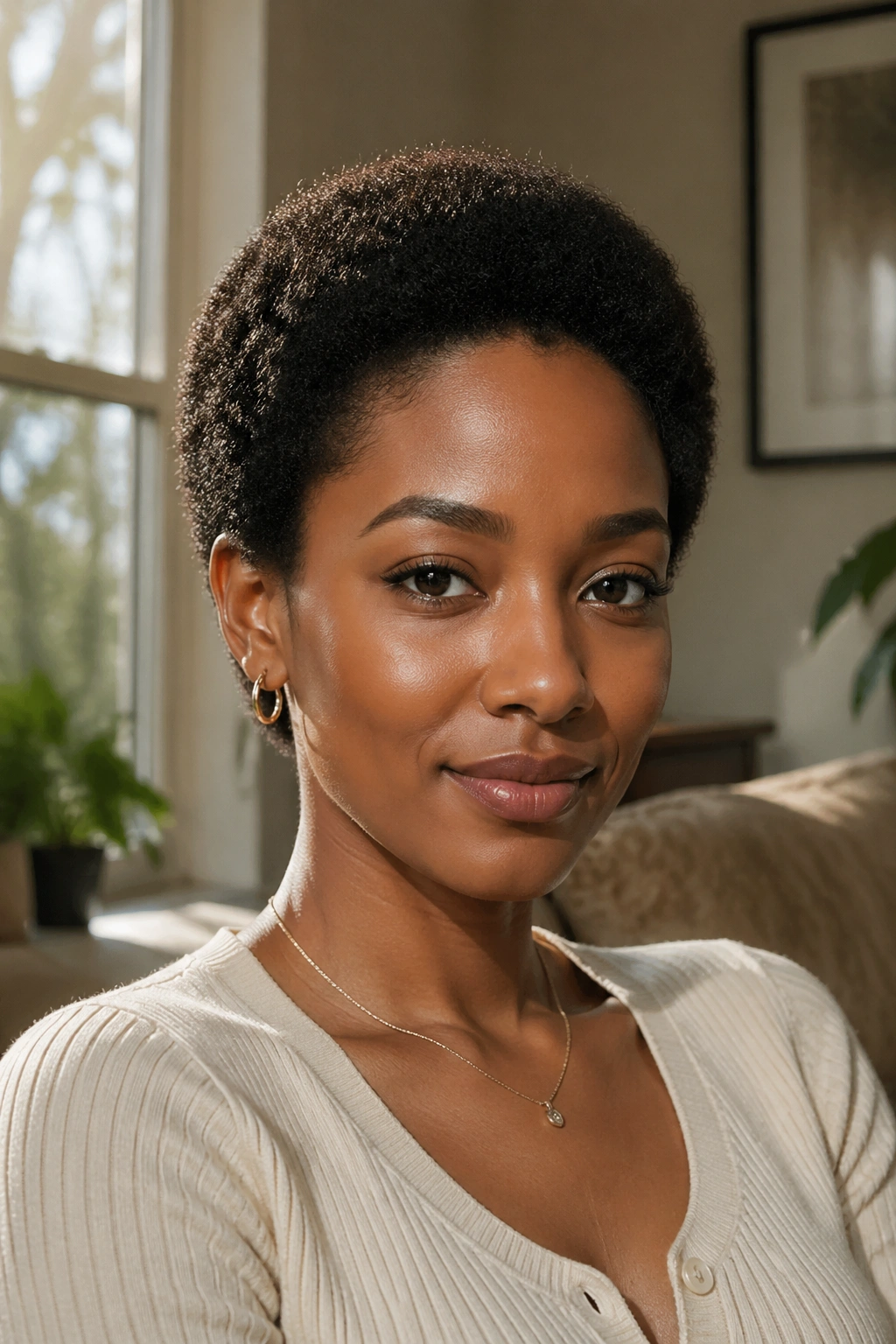 Close-up of a woman with a neat rounded low afro in warm window light