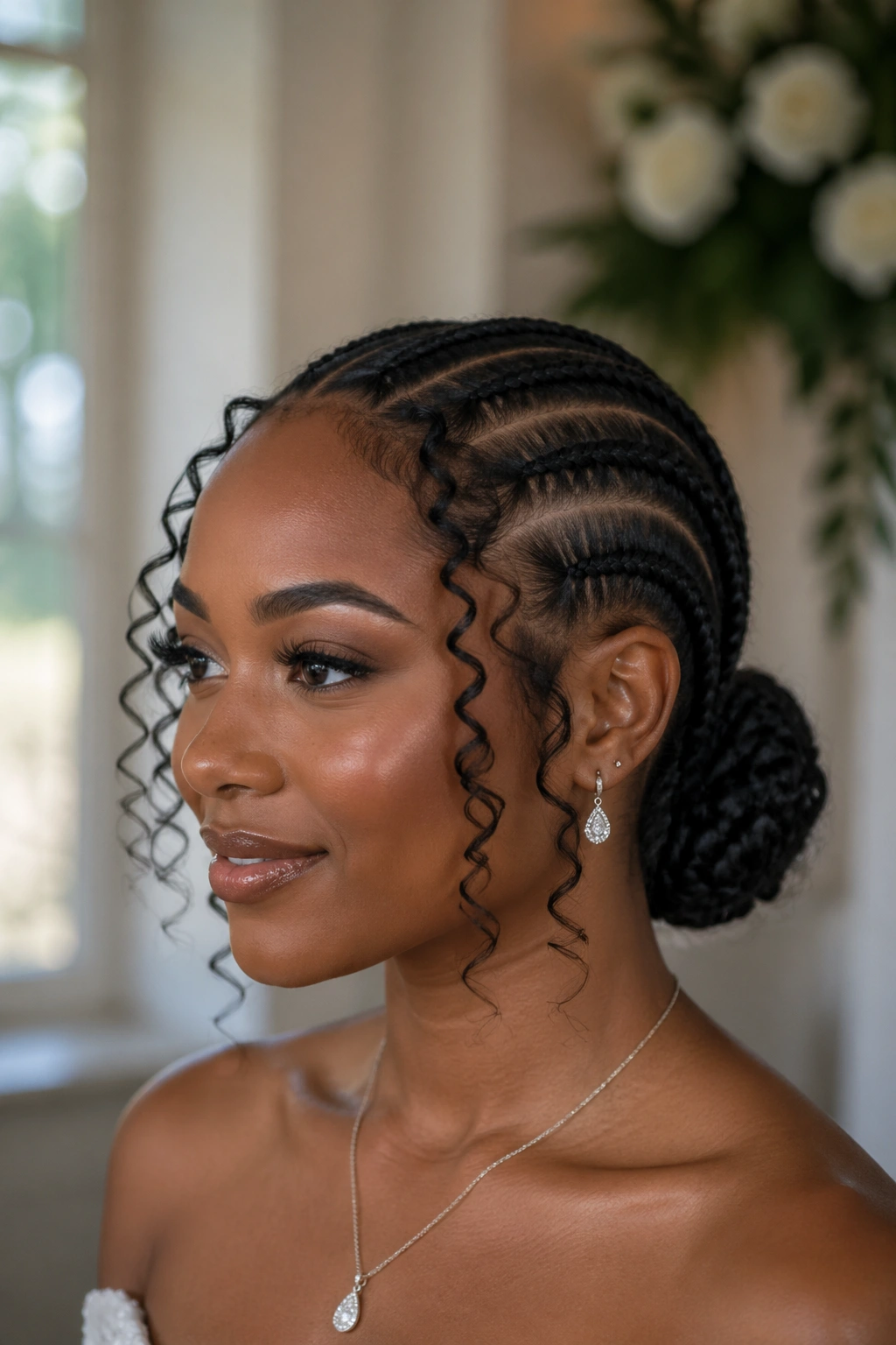 Close-up of a real woman with a low bun and curly framing at temples