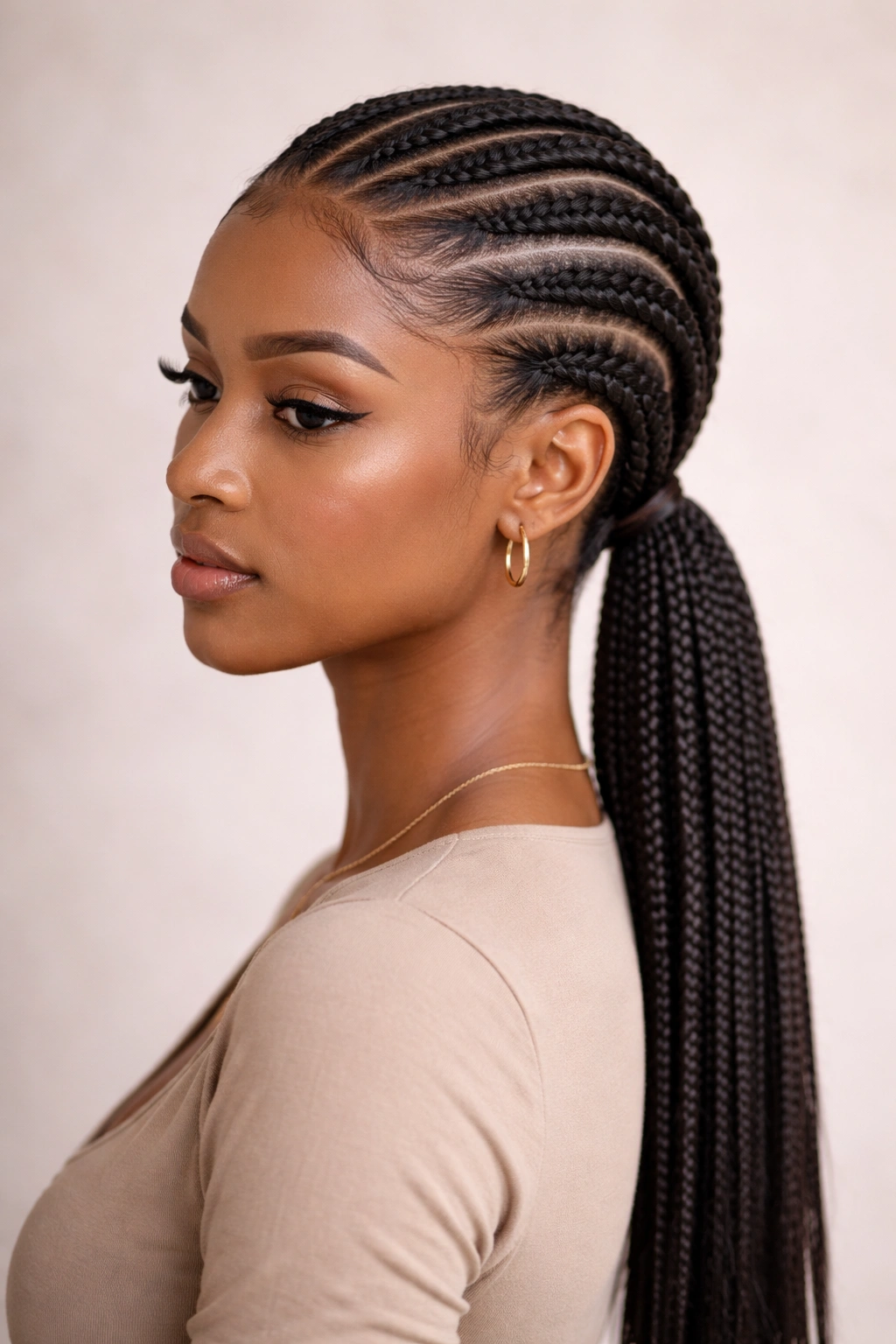 Close-up of classic middle-part cornrow ponytail with symmetrical rows leading to a low nape ponytail