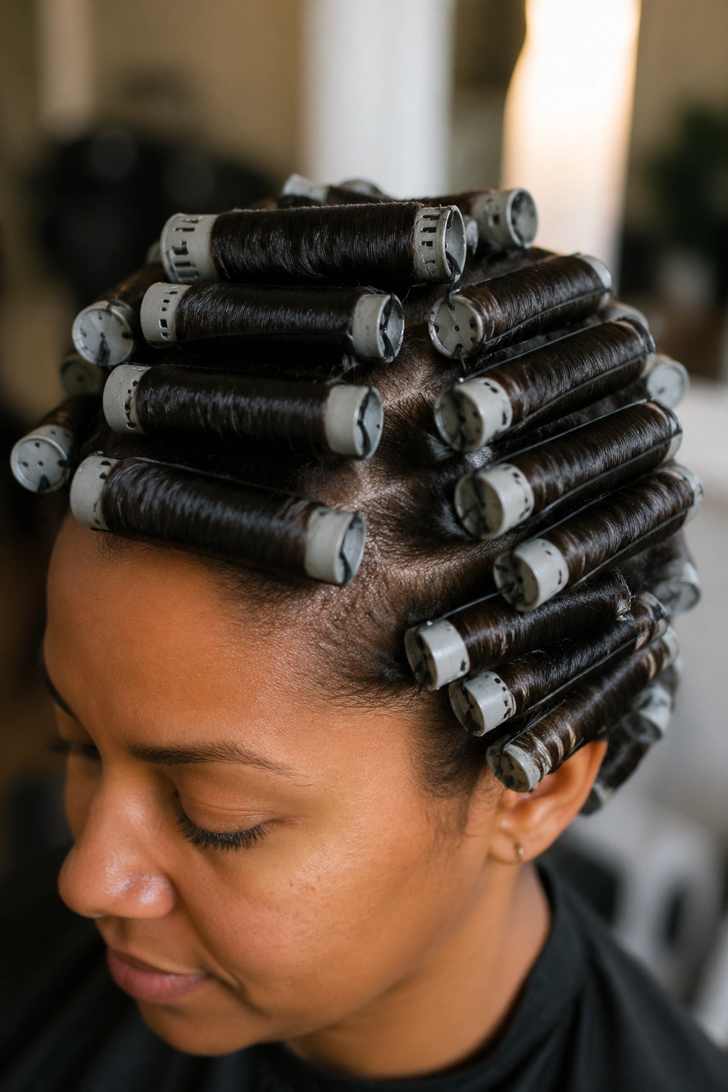 Real person with classic perm rod set showing uniform spirals