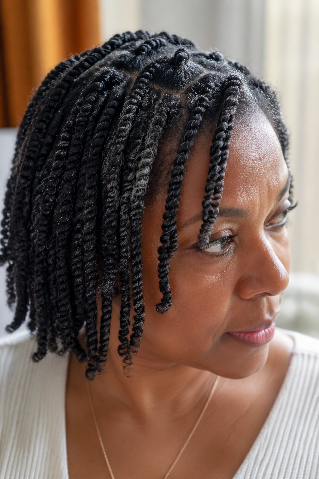 Close-up of classic perm twist natural color on real person