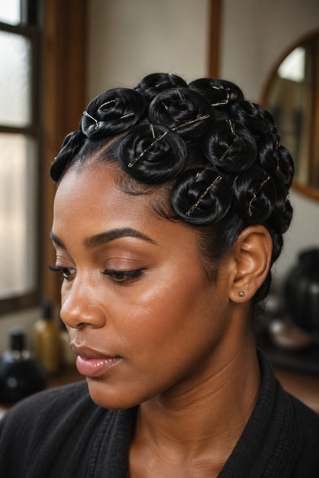 Close-up of a real woman with classic flat pin curls on natural hair.