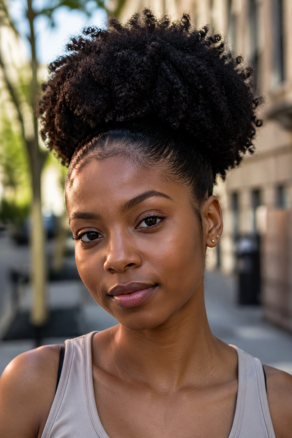 Close-up of a Black woman with a classic puff hairstyle in natural daylight outdoors.