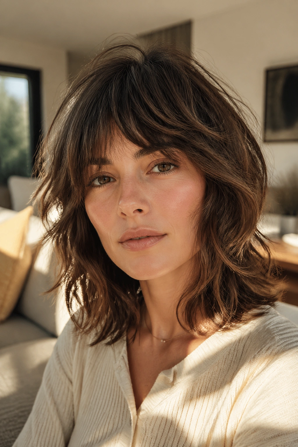Close-up portrait of a real woman with The Classic Shag featuring heavy layers and waves