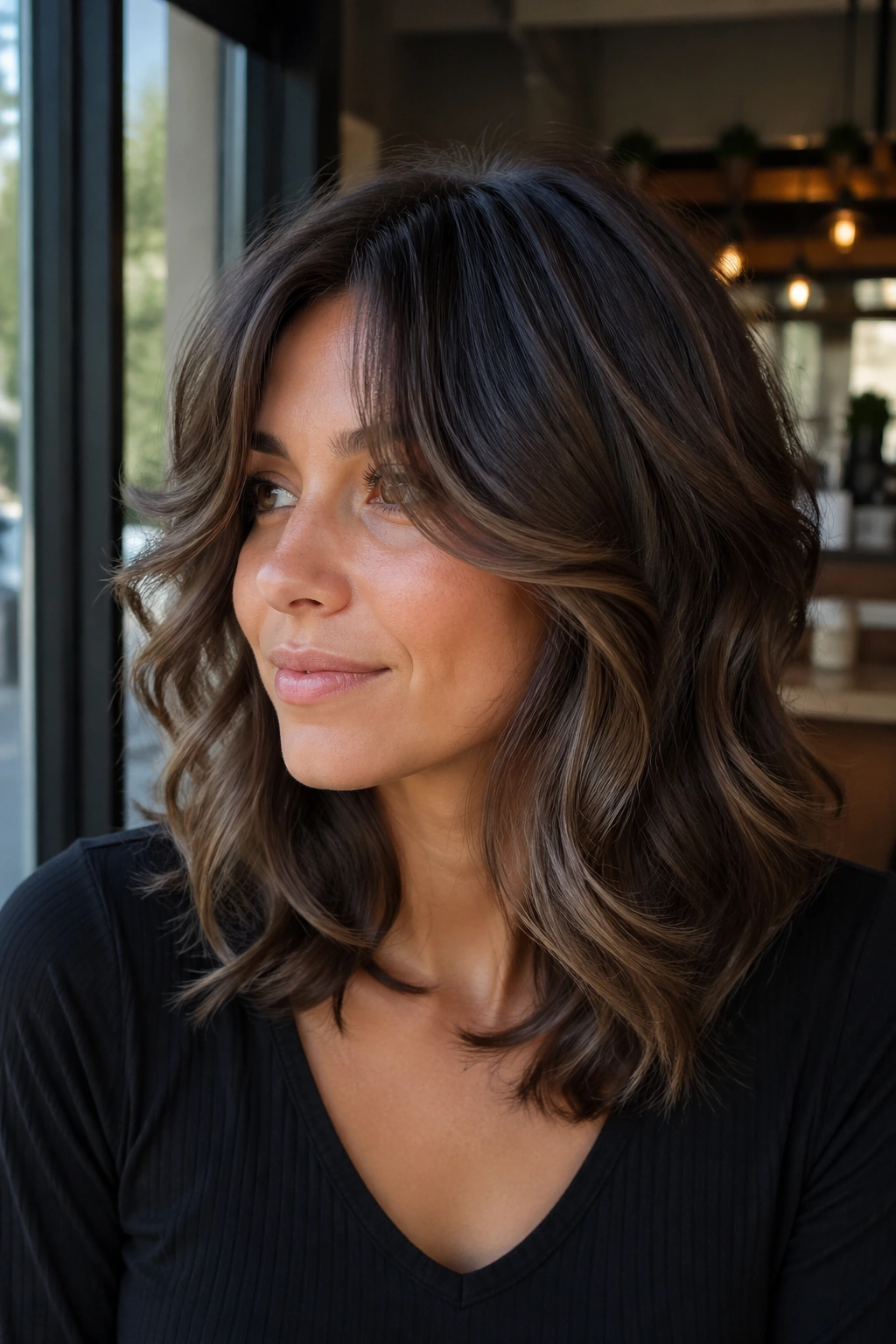 Real woman with curtain fringe and shoulder-length wavy butterfly cut