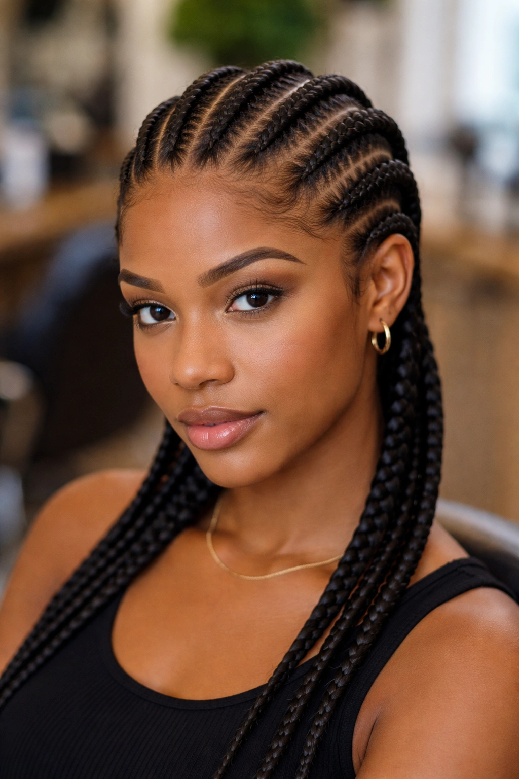 Real person with six straight-back cornrows from hairline to nape