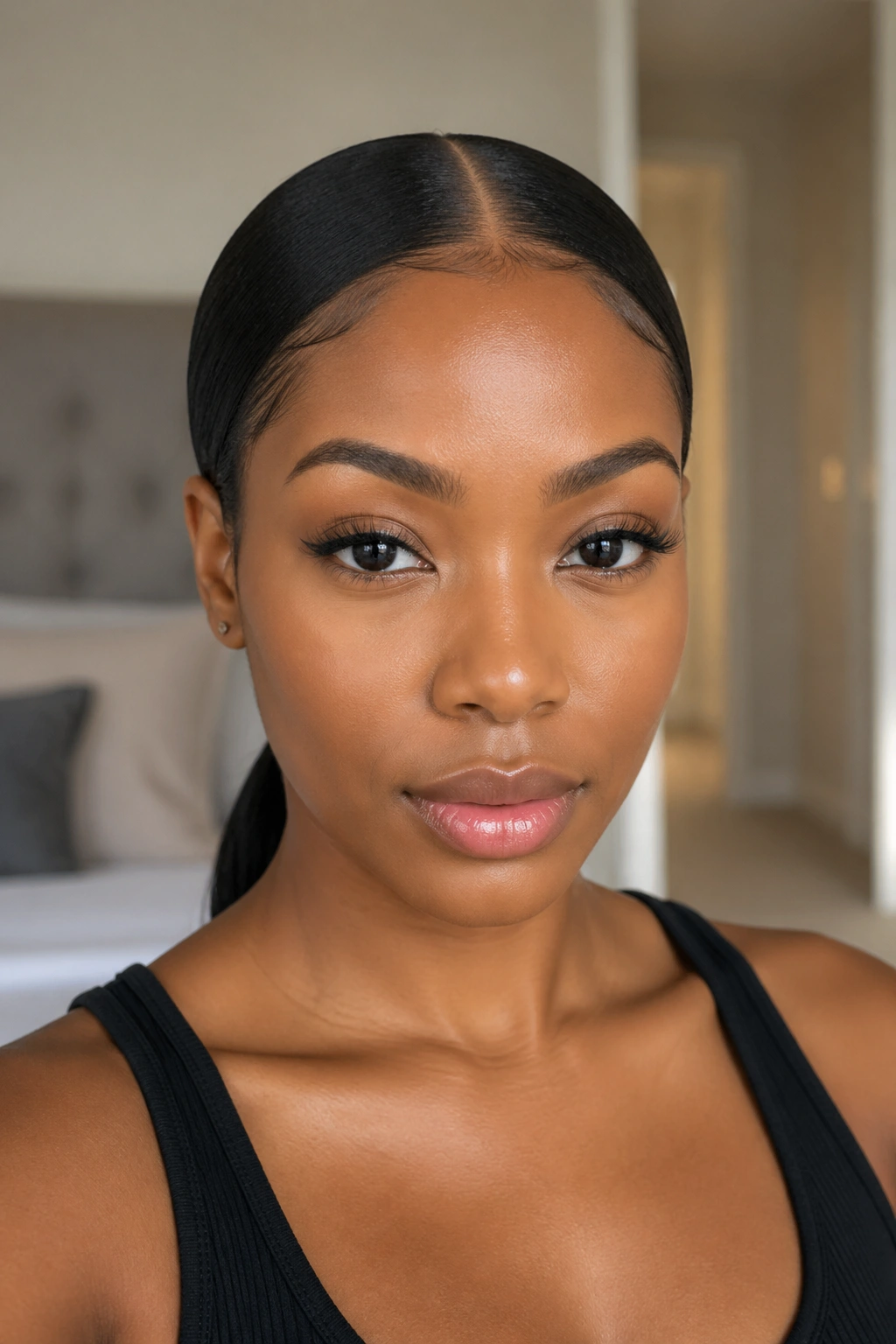 Close-up of a real Black woman with a classic low sleek middle part ponytail at the nape