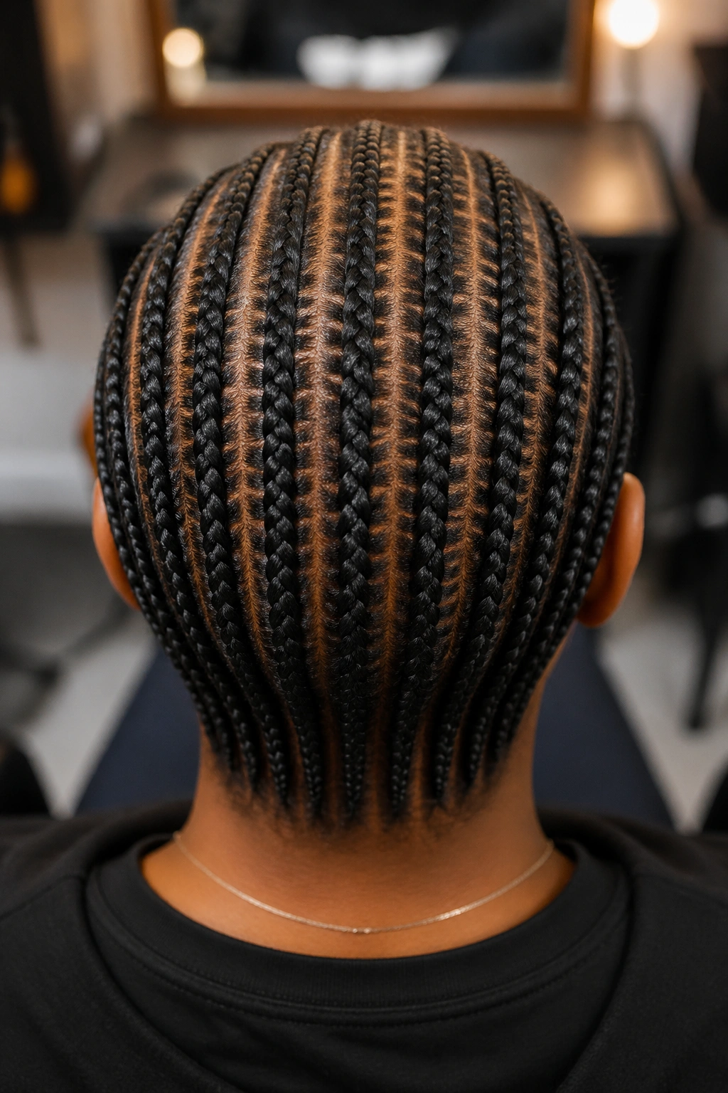 Rear view of a real person with twenty-four small straight-back cornrows