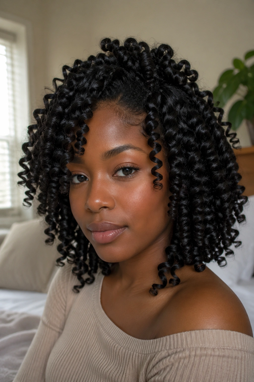 Close-up of a Black woman with classic defined spiral curls